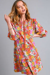 Umgee Full Size Ruffled Flower Print Tie Neck Tiered Dress Plus Size BROWN MIX OutfitFlow